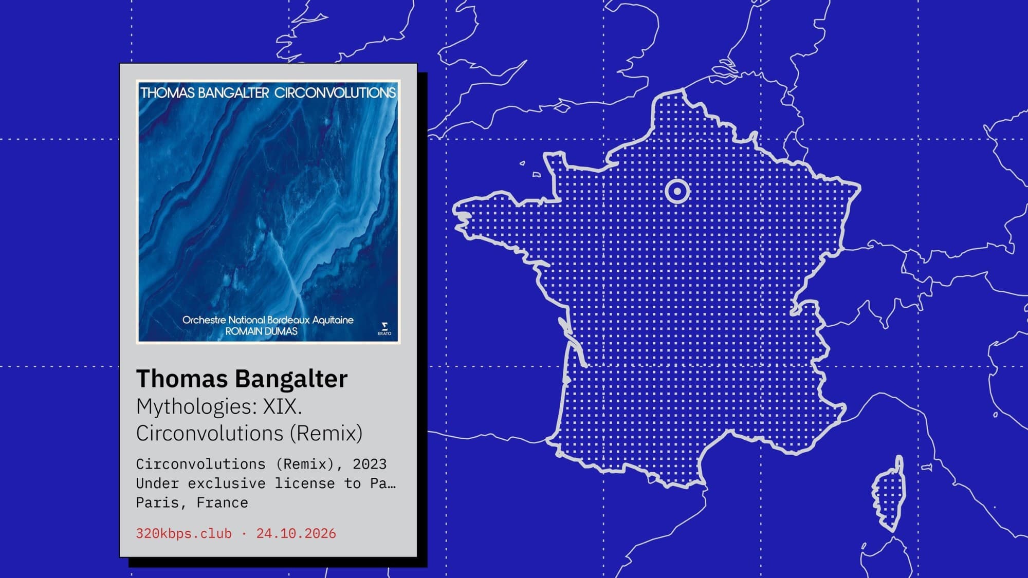 4K wallpaper: Thomas Bangalter's cover on a museum label, over a map of France