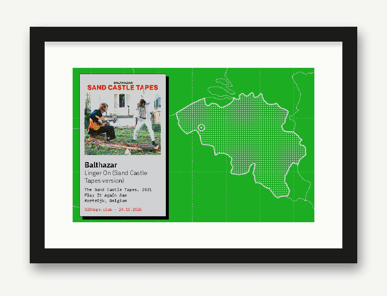 Liner showing Balthazar over a green map of Belgium, Kortrijk circled