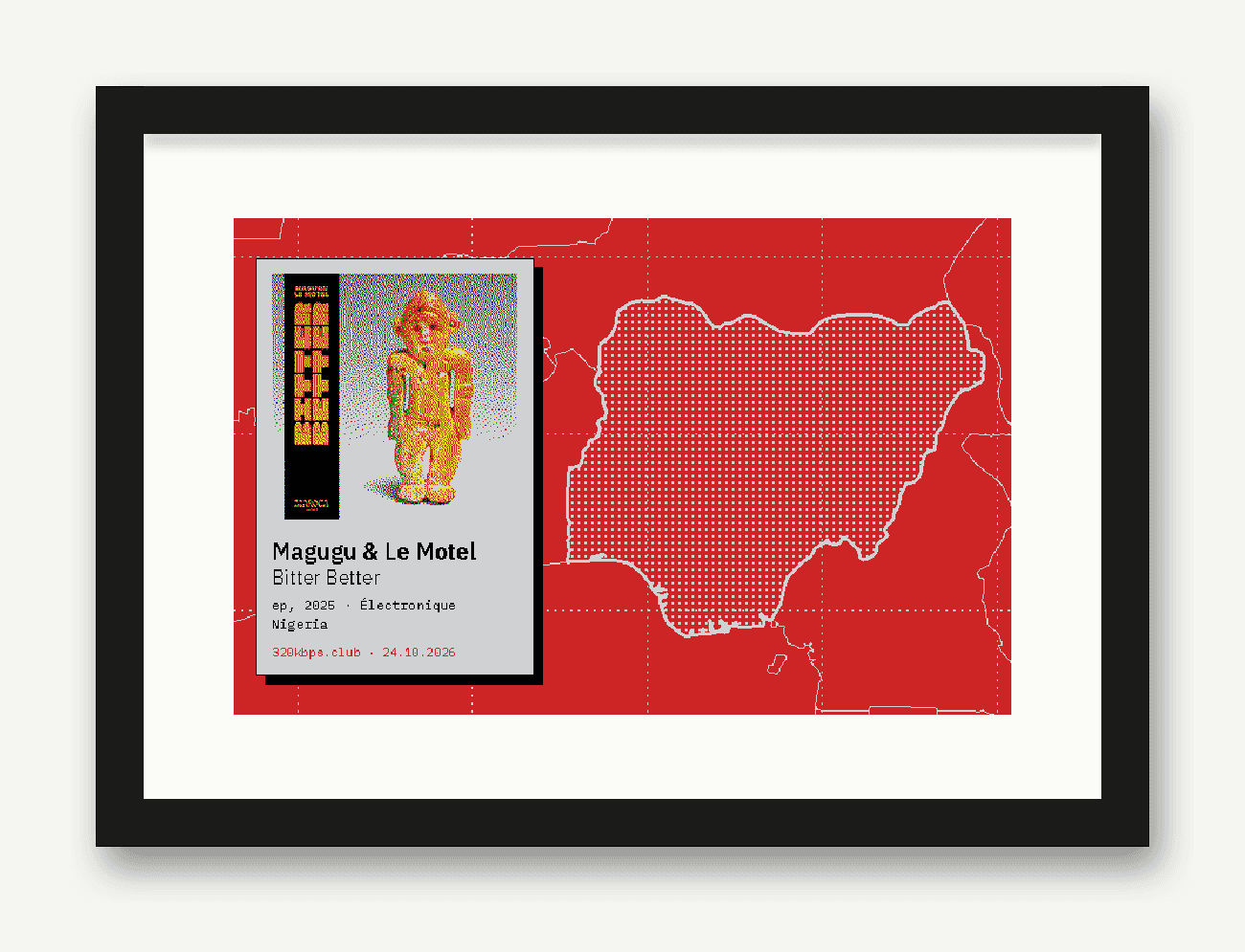 Liner showing Magugu & Le Motel over a red map of Nigeria